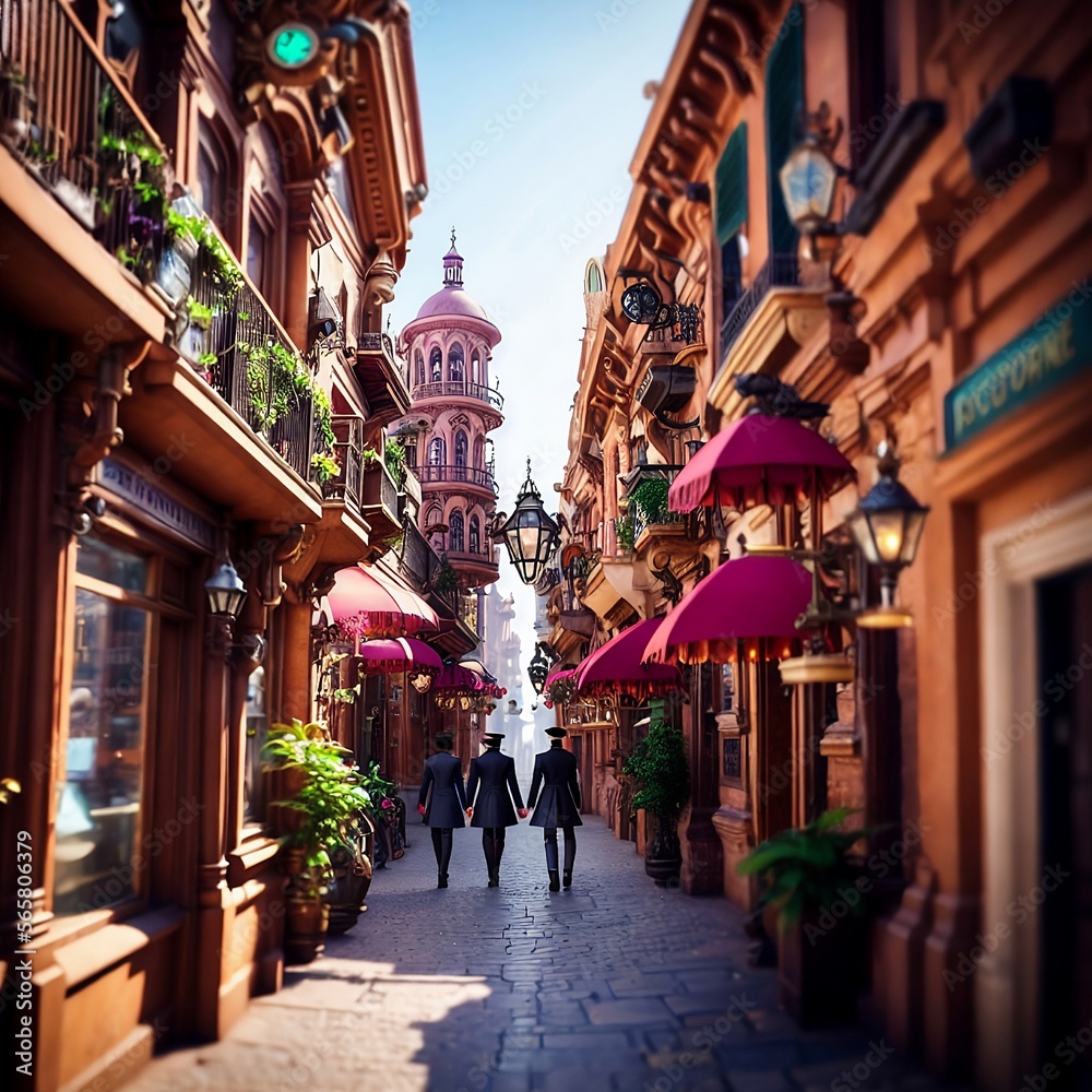 Fototapeta premium beautiful, stylized night street, people passing by, pleasant light, steampunk style, fantasy, generated in ai