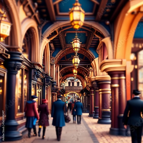 beautiful, stylized night street, people passing by, pleasant light, steampunk style, fantasy, generated in ai