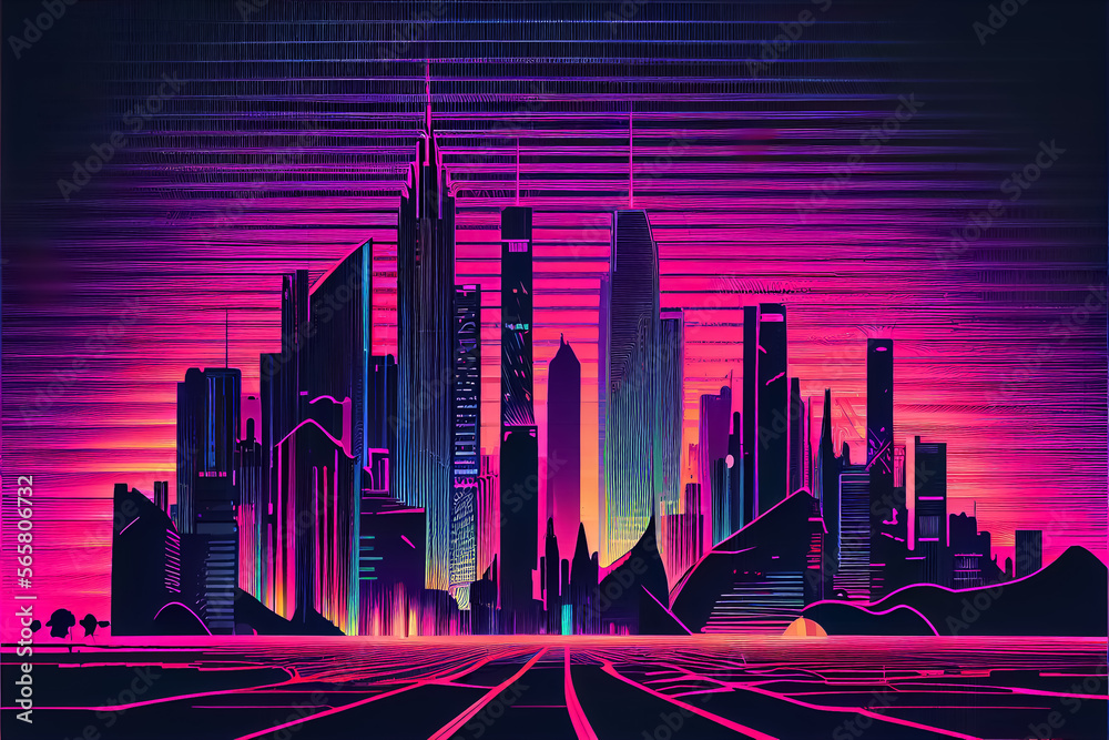 illustration of city in retro 80 style neon colors. AI