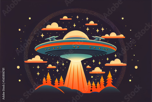 illustration of Unidentified flying object in sky at the night . AI cartoon style
