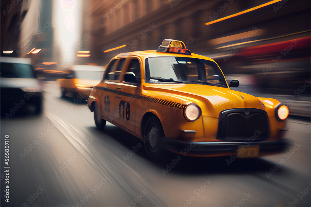 illustration of motion blur yellow taxi cabs in city . AI