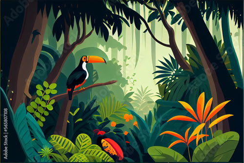 illustration of tropical bird sits on tree in rain forest . AI