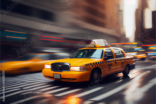 Fotografiet illustration of motion blur yellow taxi cabs in city . AI