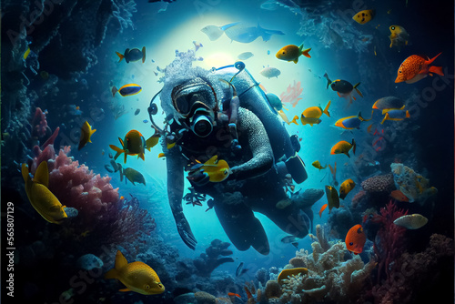 illustration of underwater world with diver and coral reefs. AI © terra.incognita