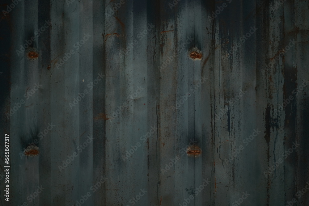 Close-up of part of a corrugated metal fence. Partially faded blue, rust.