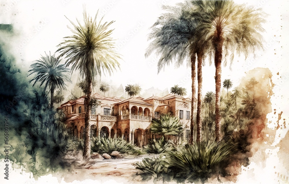 landscape  of the Arabian Peninsula in the past, for houses, palm trees watercolor painting