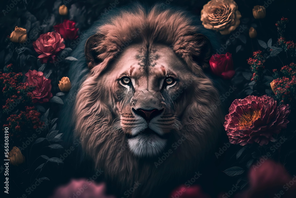 portrait of a lion in flowers on a dark background Generative AI