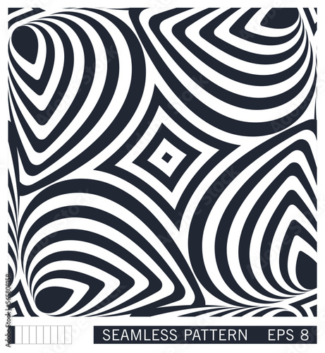 Seamless pattern. Op art striped optical illusion. Hypnotic geometric composition. Vector template