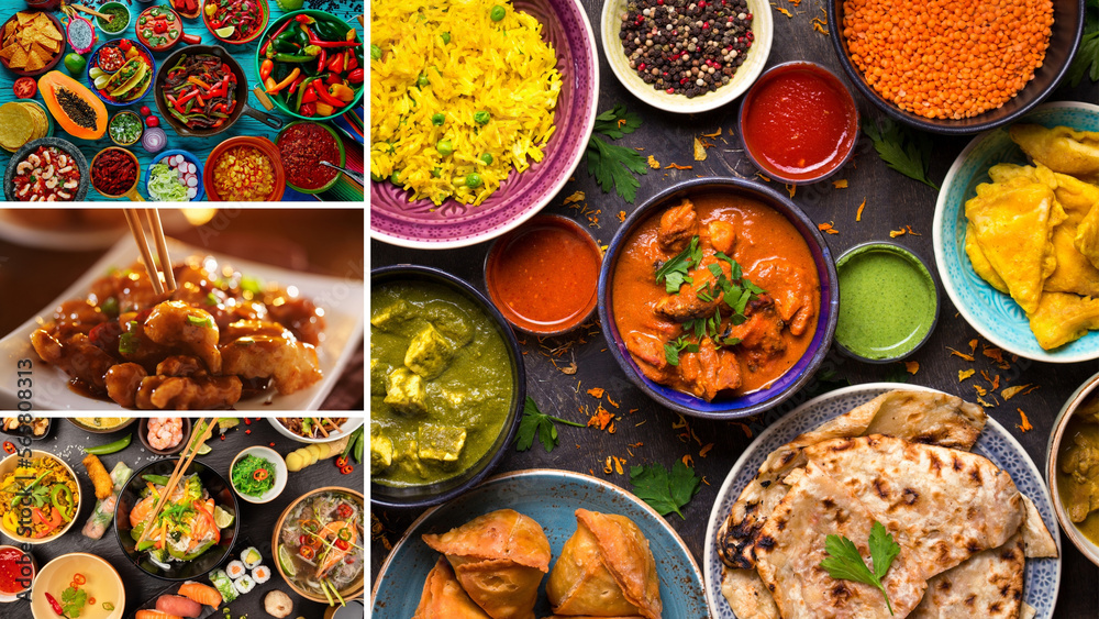 Food collage. Indian chinese cuisine dishes set. Schezwan Noodles, Fried Rice, Chicken, Prawns