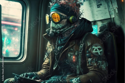 Young man wearing anti-radiation mask sitting in a subway train on his way to work. Generative AI