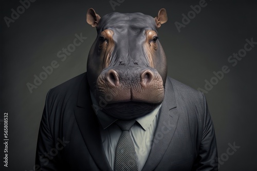 Portrait of a hippopotamus dressed in a formal business suit, generative ai