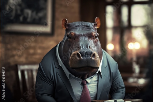 Portrait of a hippopotamus dressed in a formal business suit, generative ai