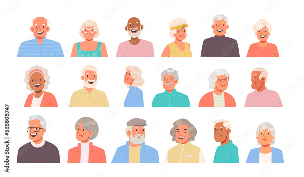 Happy old people avatars set. Portraits of elderly men and women. Senior characters collection on isolated background Happy old people avatars set. Portraits of elderly men and women. Senior characters collection on isolated background