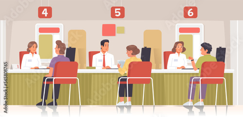 Bank office interior. Men and women customers communicate with employees of the credit department. Bank employees providing services