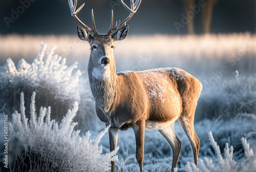 Noble deer male in winter snow forest. Artistic winter christmas landscape. Digital art painting
 photo