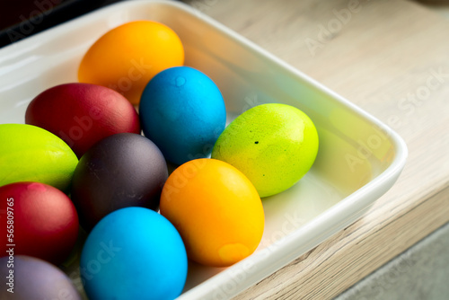 Painted eggs on the table after painting, a symbol of Easter, eggs 