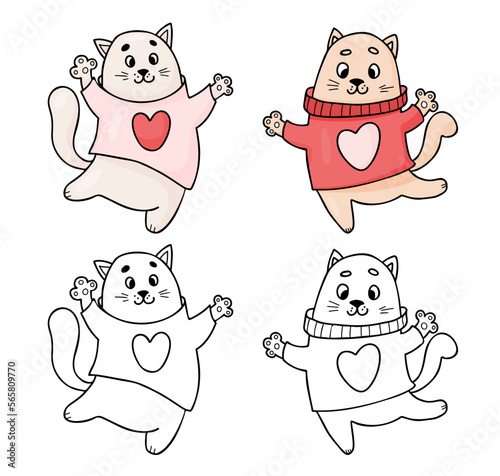 Collection happy cats. Vector illustration. Outline and color drawing for kids collection, coloring book, design, decor, Valentines cards, print.