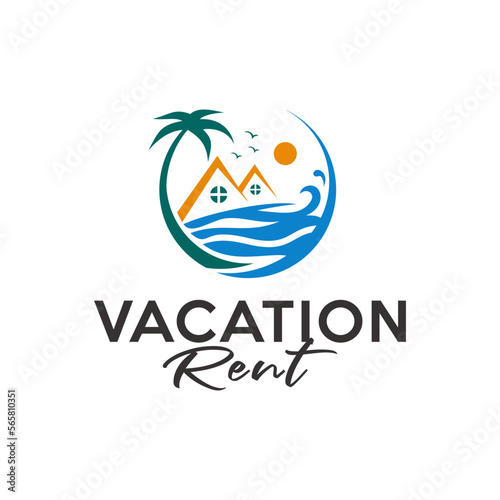 Vacation rent house beauty beach logo design. Vector illustration of landscape beach and Home sun light view. modern logo design vector icon template