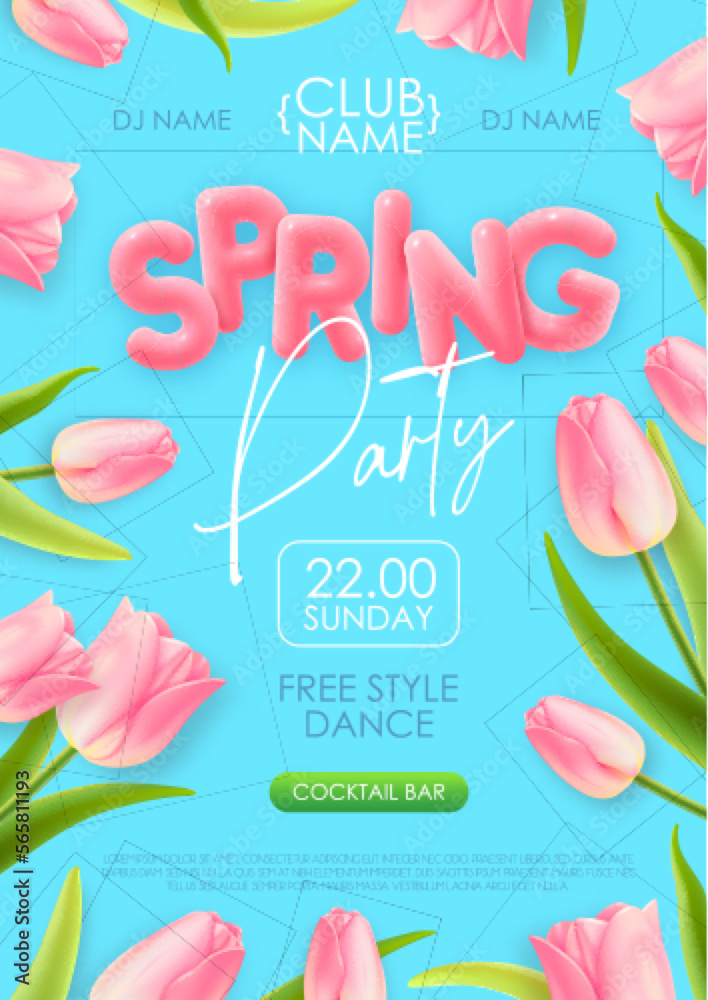 Spring disco party typography poster with realistic full blossom tulips and 3d text on blue background. Vector illustration