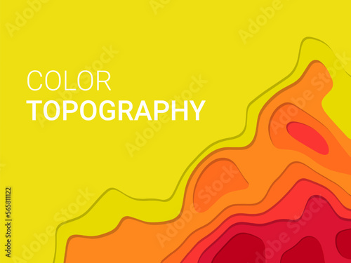 Color gradient geometric map. Abstract background. 3D topography paper cut. Multi layers shapes. Origami bottom relief. Rocky area surface. Cartography altitudes. Vector design pattern