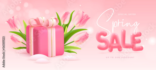 Spring big sale poster with realistic full blossom tulips, gift box and 3d text on pink background. Vector illustration