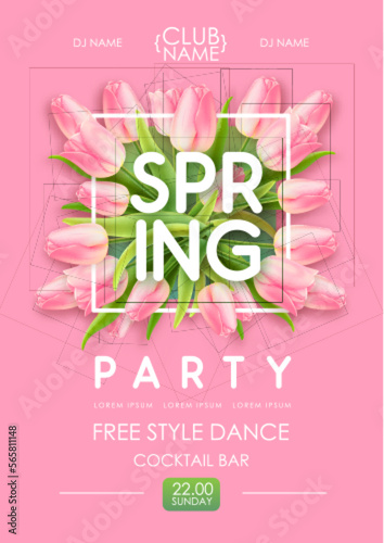 Spring disco party typography poster with realistic full blossom tulips and 3d text on pink background. Vector illustration