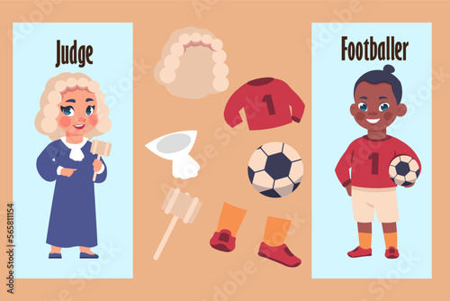 Kids in uniform. Children with work tools. Professional attributes. Judge or footballer professions. Lawyer in judicial mantle. Sportsman play soccer. Football player. Vector labor poster