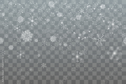 Christmas snow fall, overlay background. Transparent winter isolated effect, glitter night flakes, xmas bokeh. Cold decorative banner, ice crystals snowflake ornament. Vector realistic texture