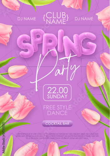 Spring disco party typography poster with realistic full blossom tulips and 3d text on purple background. Vector illustration