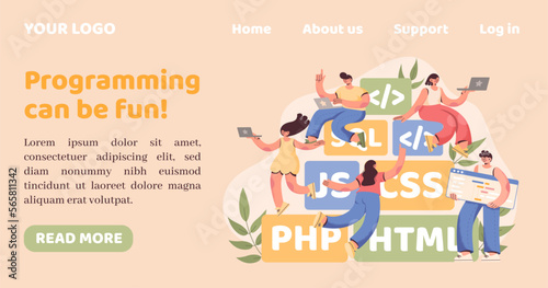 Computer programming. Landing page. Web design. Program coder team. Software agency. Professional website engineer office. Digital language. Backend developer. Vector illustration concept