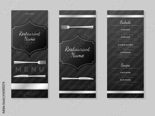 Luxury food menu design. Restaurant brochure cover. Elegant black logo on lunch flyer with prices. Creative cafe presentation cards set. Dinner serving. Vector catering leaflet template