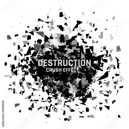 Shatter destruction. Broken glass. Crush effect. Blast fragments. Disintegrate debris. Window explosion. 3D splinters scatter. Creative geometric black paint. Vector concept background