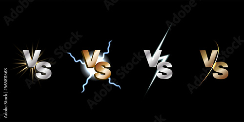 Vs flight icon, versus logo. Sport v s battle, neon match banner, mma competition game, boxing duel, glow isolated elements, gold and silver luxury logotype with lightning vector design letters