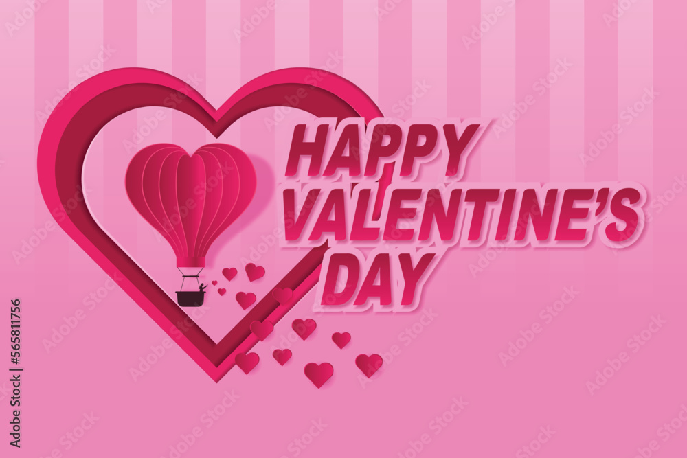 Happy Valentine's day poster. paper cut hot air balloon and woman spreading love with heart frame on pink background. Vector illustration. Paper cut style.