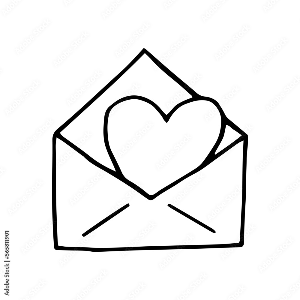 envelope with heart hand drawn in doodle style. simple minimalistic line art. monochrome icon. love, mail. envelope with heart hand drawn in doodle style. simple minimalistic line art. monochrome icon. love, mail.