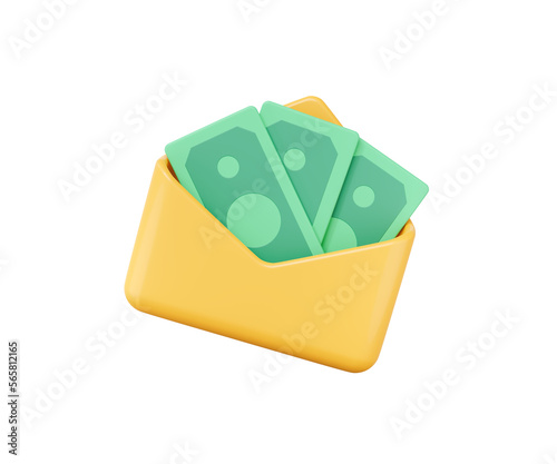 3D Open Envelope with Money. Bribe transfer concept. Letter with green paper dollar. Cash savings concept. Sending money by mail. Cartoon design icon isolated on PNG background. 3d rendering