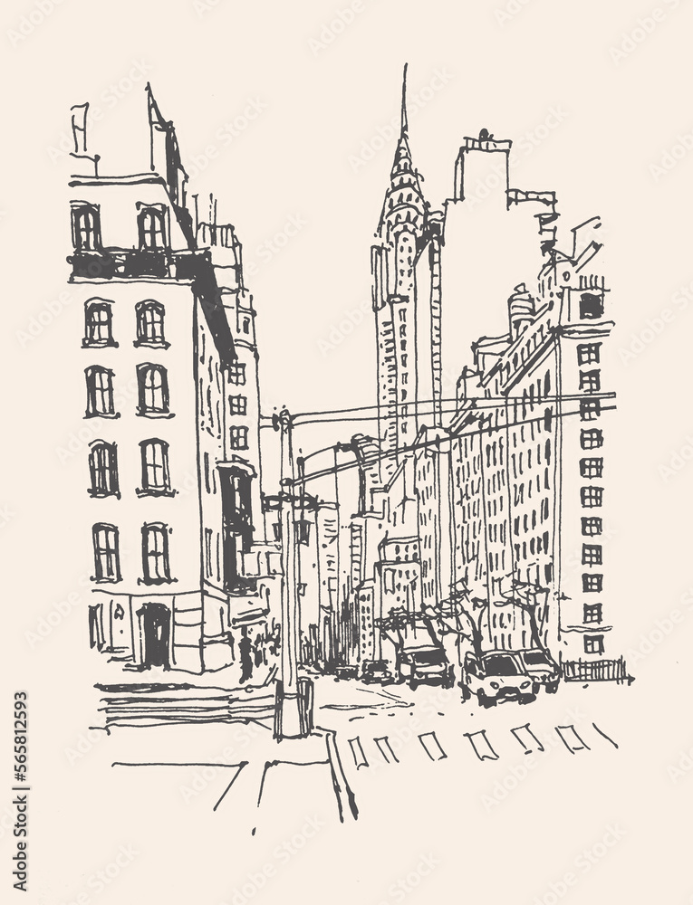 Architecture sketch illustration. Travel sketch of the street in New York, USA. Liner sketches architecture of houses and buildings. Freehand drawing. Sketchy line art drawing with a pen on paper.
