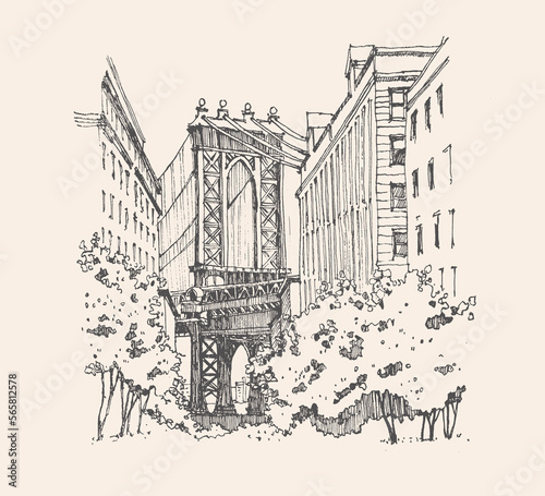 Architecture sketch illustration. Travel sketch of Manhattan Bridge New York, USA. Liner sketches architecture of the street. Freehand drawing. Urban sketch in black color isolated on beige background