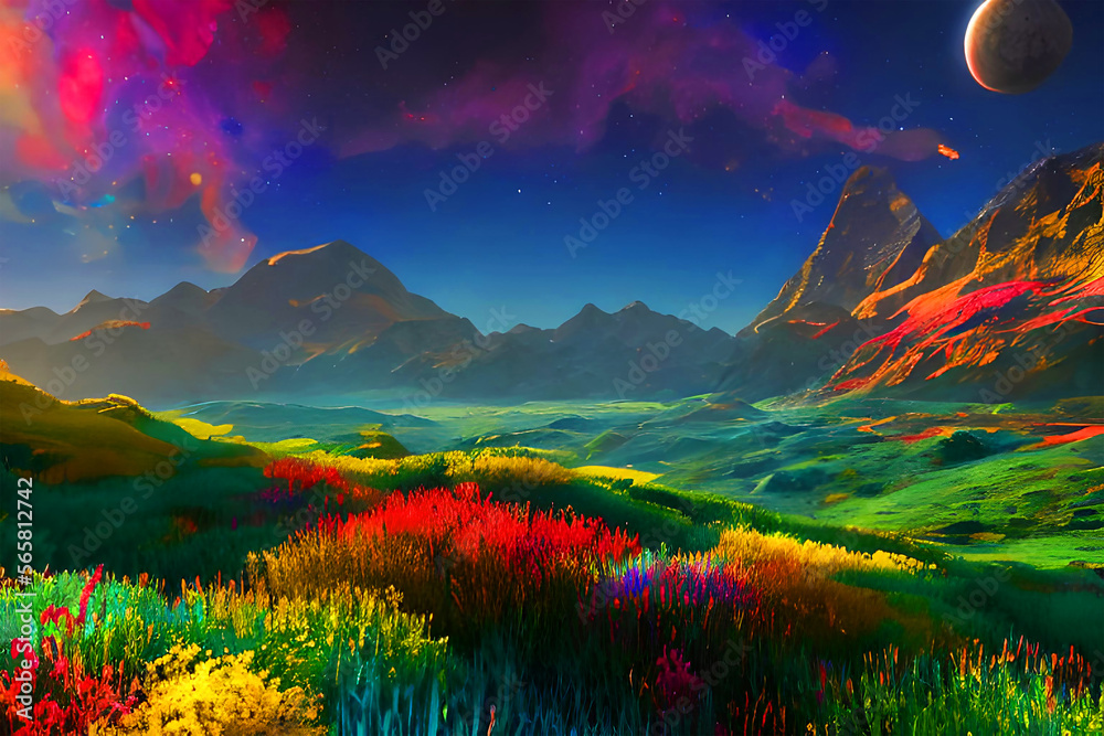 Image of a landscape- landscape of flowers and mountains under the sky