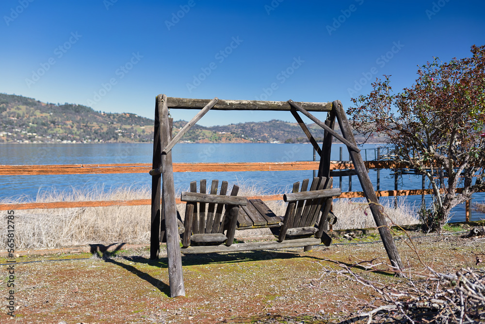 Adirondack chairs and lake view