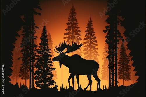 Silhouette of moose in the foggy misty forest at dawn. digital art illustrations by generative ai © Arisctur