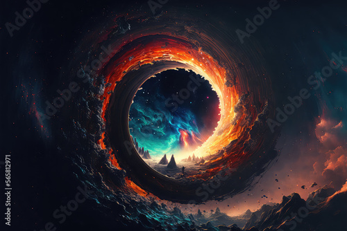 Fantasy concept showing An ancient dimensional portal gate opening into jungle illustration. digital art style, illustration painting , horizontal side view, skyline (ai generated)