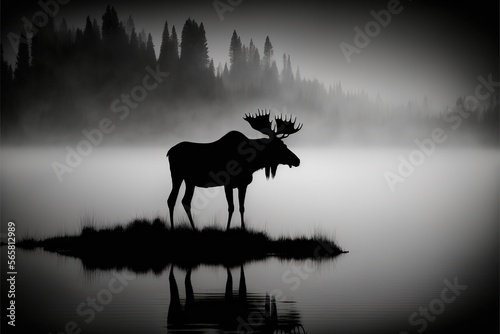Silhouette of moose in the foggy misty forest at dawn. digital art illustrations by generative ai © Arisctur