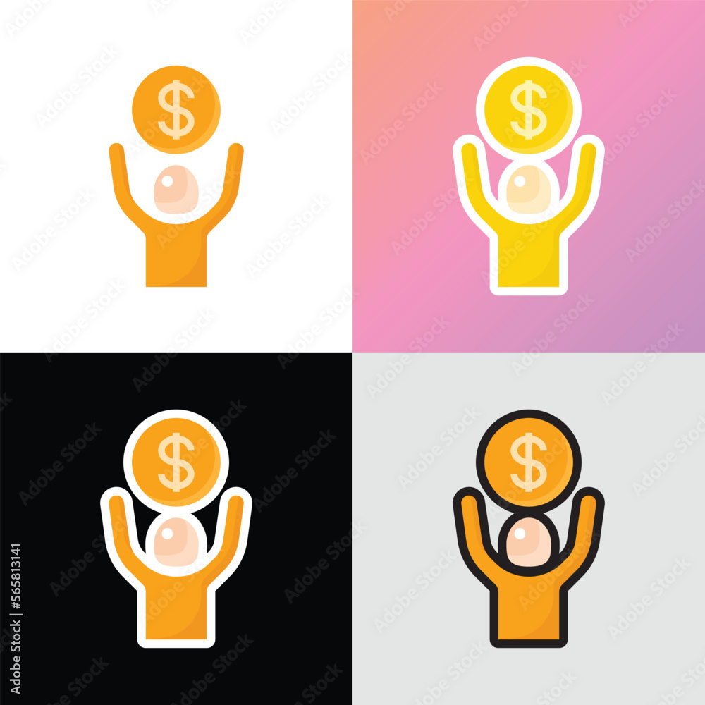 Financial bonus flat icon: man holding dollar coin in hands. Salary, profit, earnings. Modern vector illustration. Financial bonus flat icon: man holding dollar coin in hands. Salary, profit, earnings. Modern vector illustration.