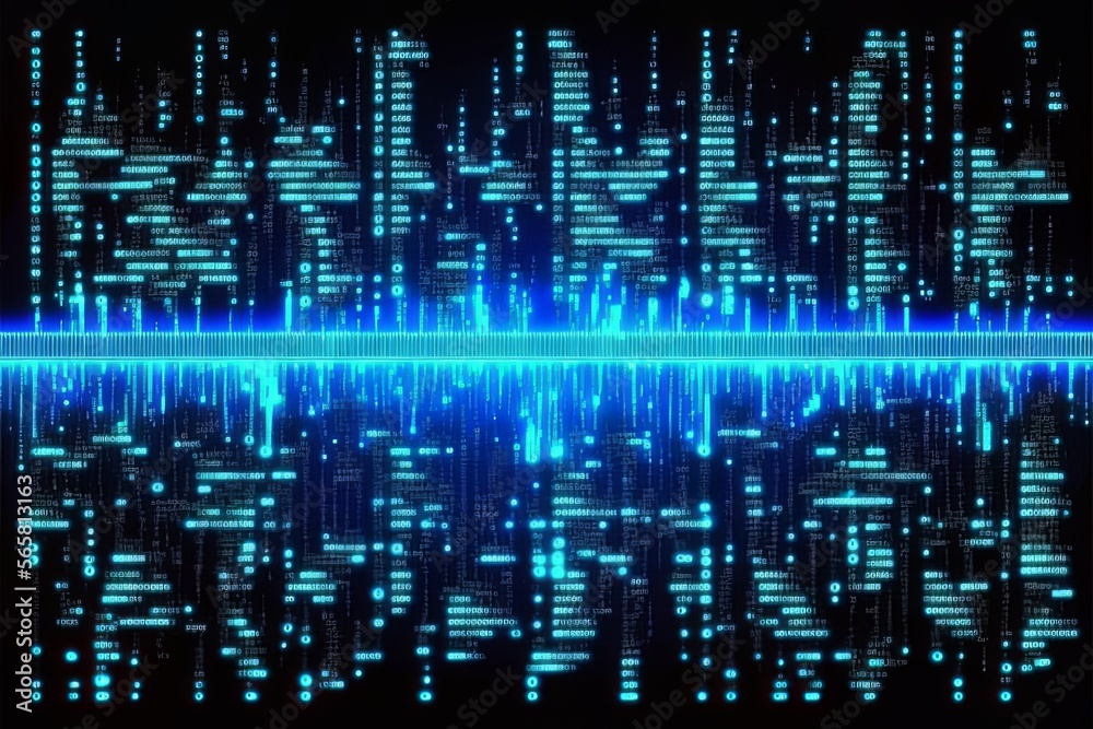 Seamless abstract binary code computer programming, big data or cyber concept background. Glowing digital signboard backdrop pattern with flowing zeros and ones in high tech neon blue light streaks
