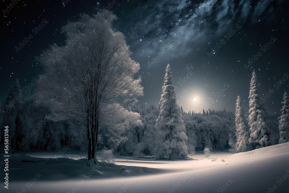 Forest on a winter night, clear sky with a full moon, snowdrifts and a snow-covered tree. Christmas postcard, 2023, winter background