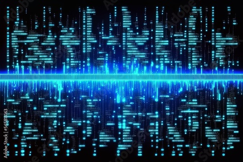 Seamless abstract binary code computer programming, big data or cyber concept background. Glowing digital signboard backdrop pattern with flowing zeros and ones in high tech neon blue light streaks