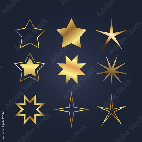 Set of golden stars icon, symbol, abstract star shapes vector design, premium star used in templates of different shapes stars design