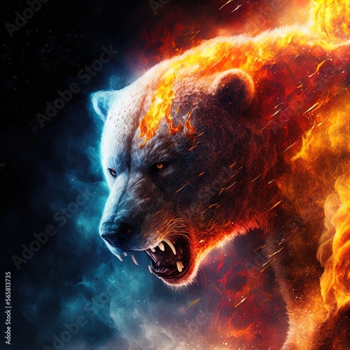 A fiery, snarling fantasy bear. 