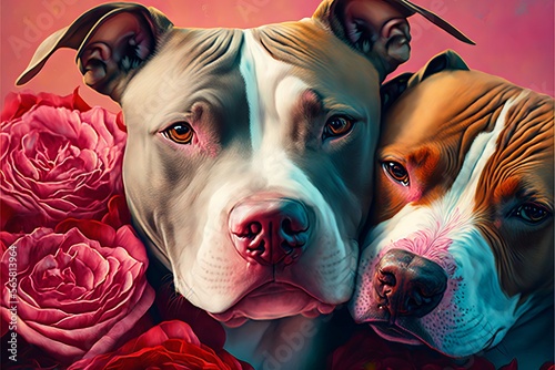 Valentine's Day Rose Cuddling American Pit Bull Terrier Dog Couple (generative AI) photo